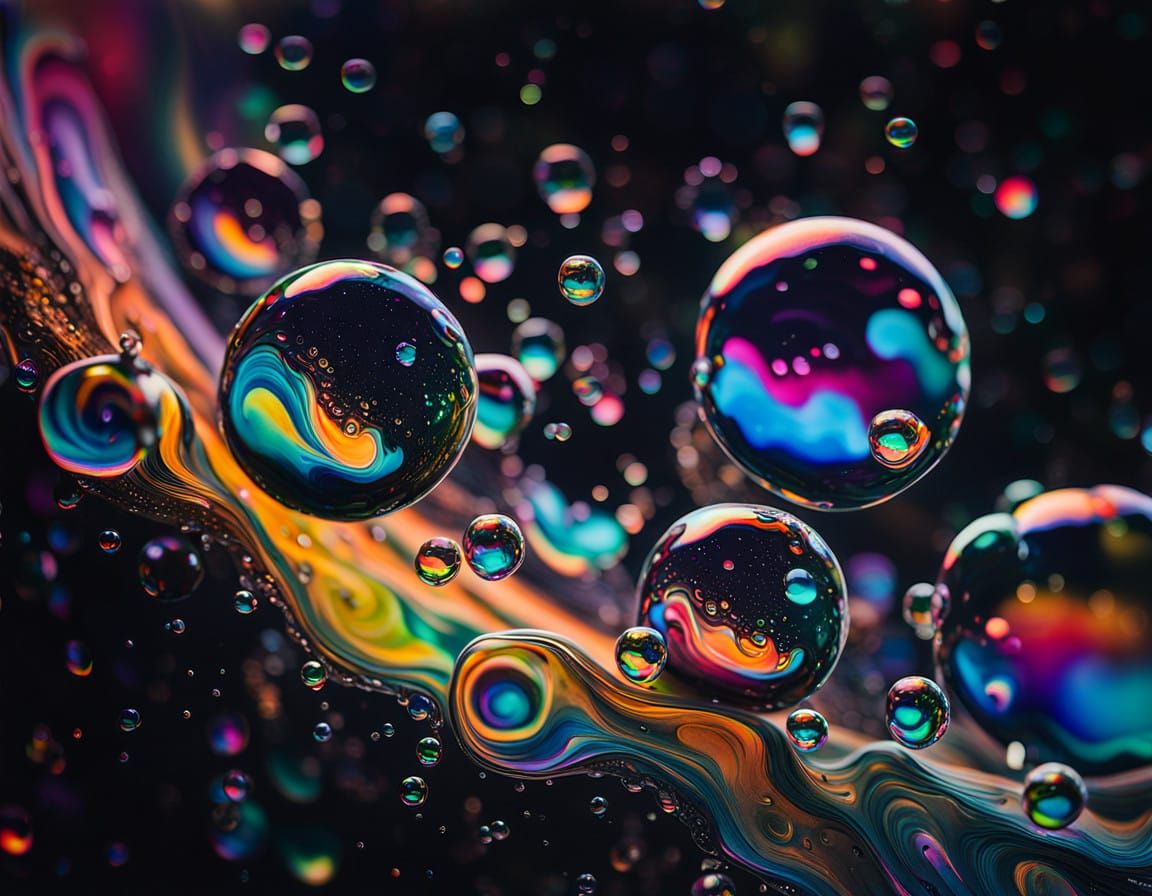 Vibrant Iridescent Soap Bubbles in Fluid Acrylic Pour Style