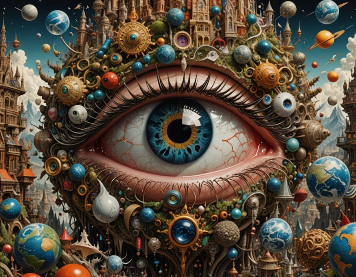 Surreal Earth Eye Cries in Maximalist Portrait