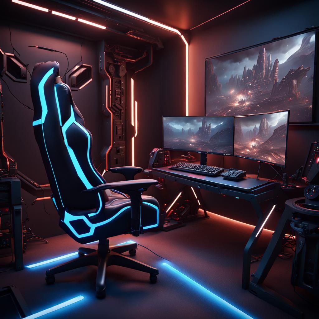 futuristic dark themed Gaming pc setup with a cool chair in a room.