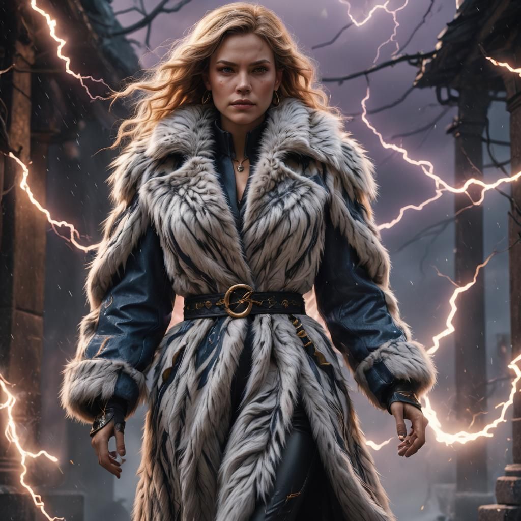 Woman in Fur Coat with Lightning, Detailed Matte Painting