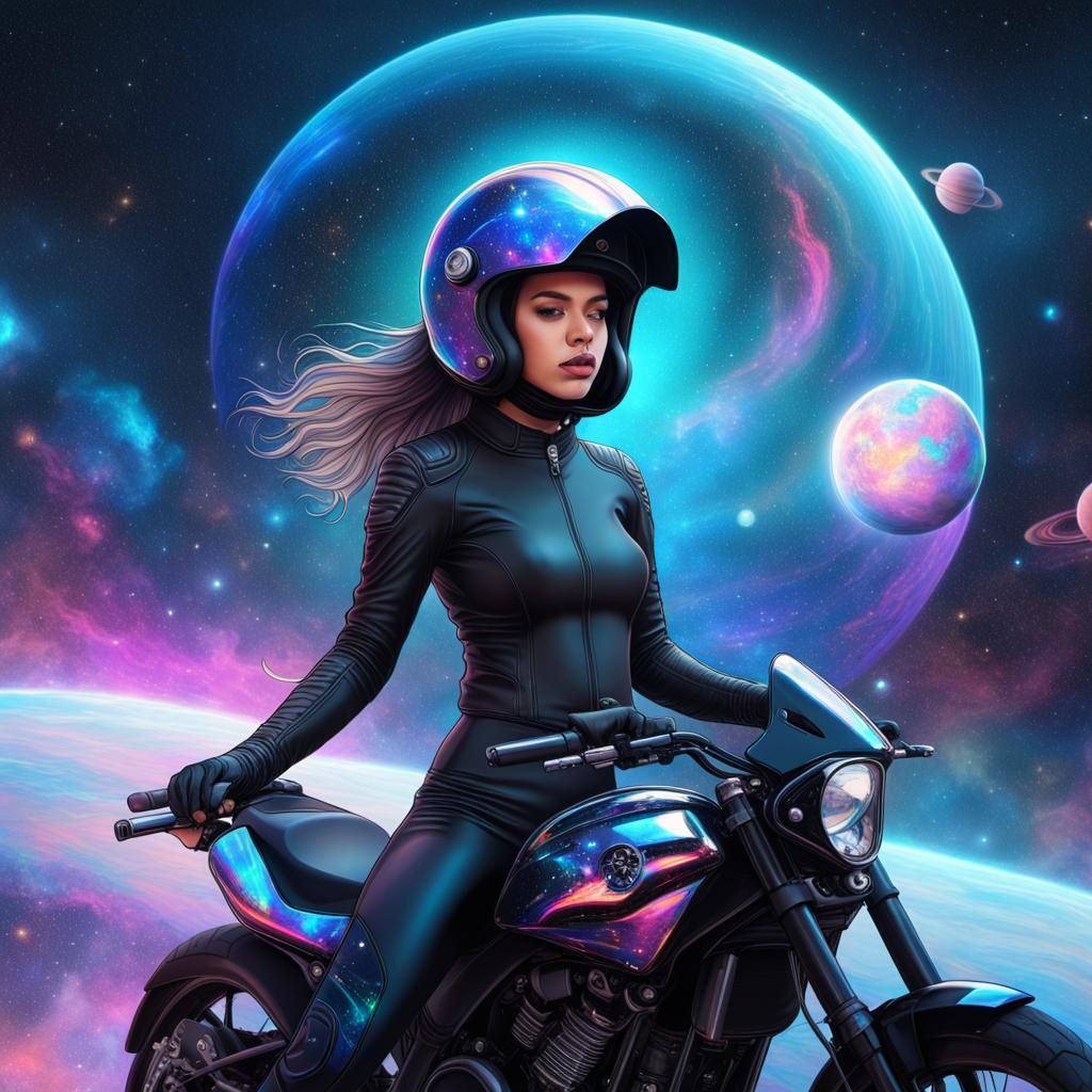 Girl on Motorcycle Rides Through Outer Space