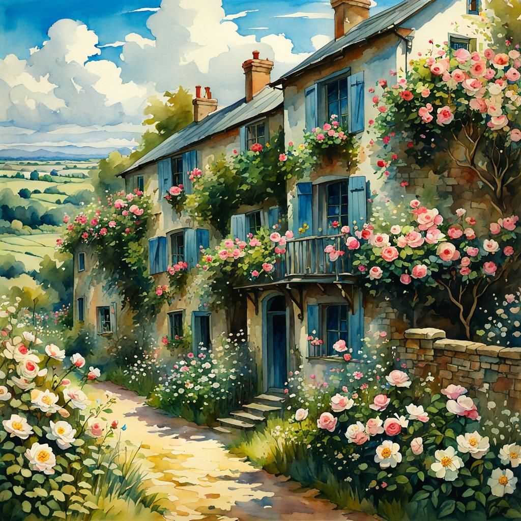 Watercolor Countryside Landscape with Wild Roses