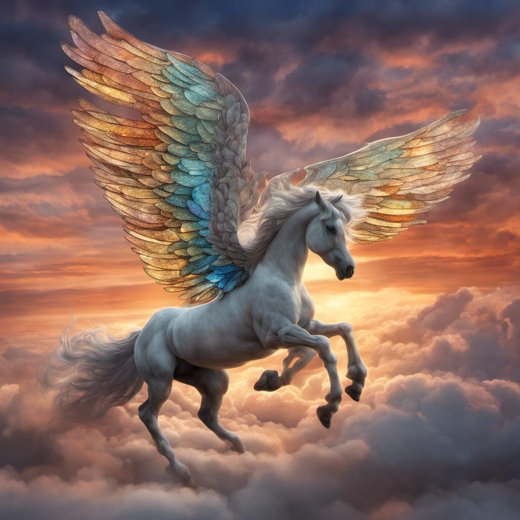 Stained Glass Pegasus Flying at Sunset