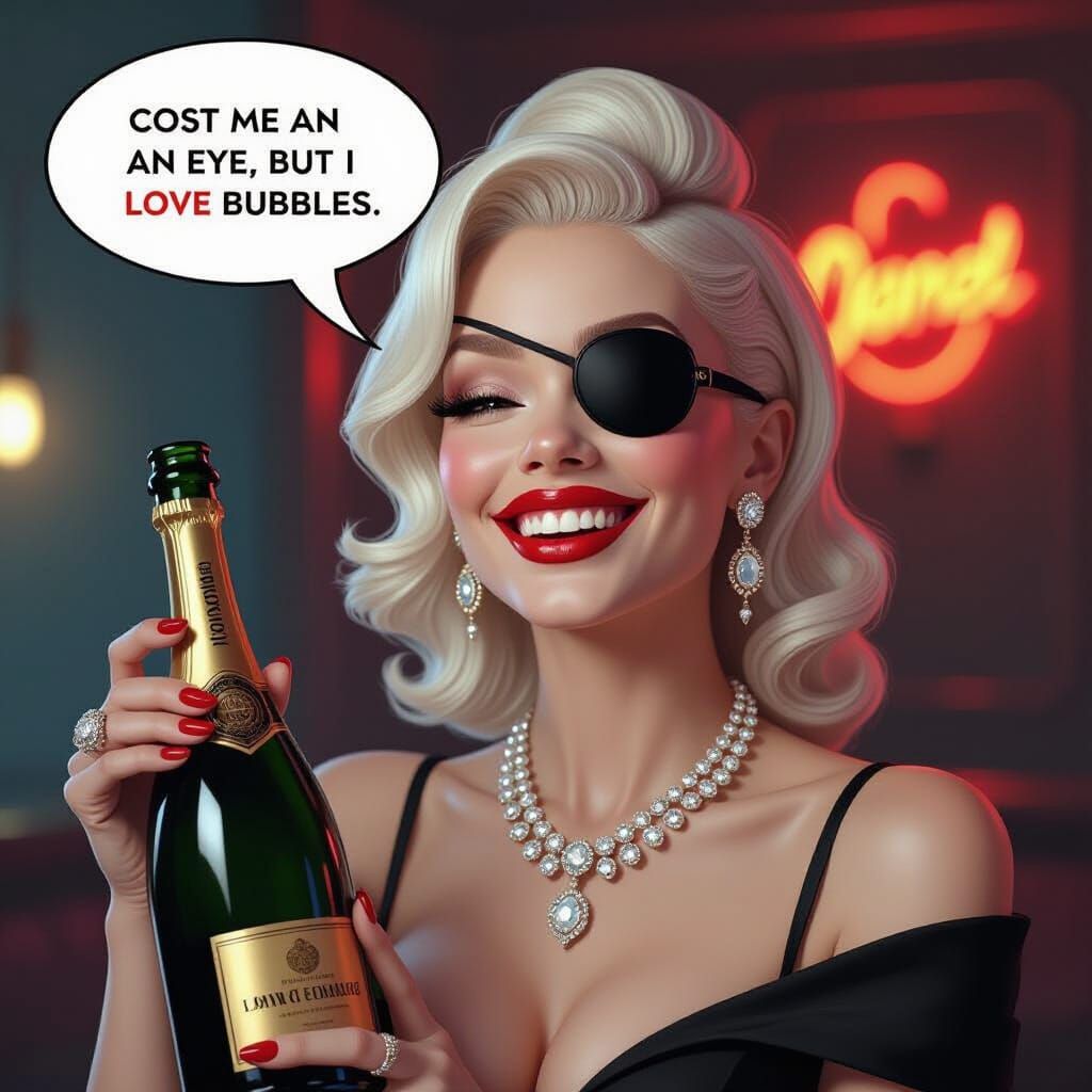 Albino Woman with Eyepatch and Champagne, in Futuristic Styl...