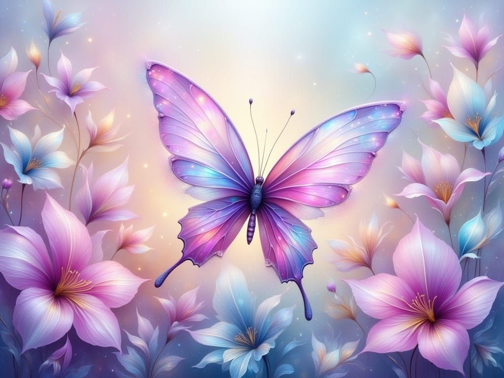 Ethereal Floral Composition with Butterflies in Watercolor S...