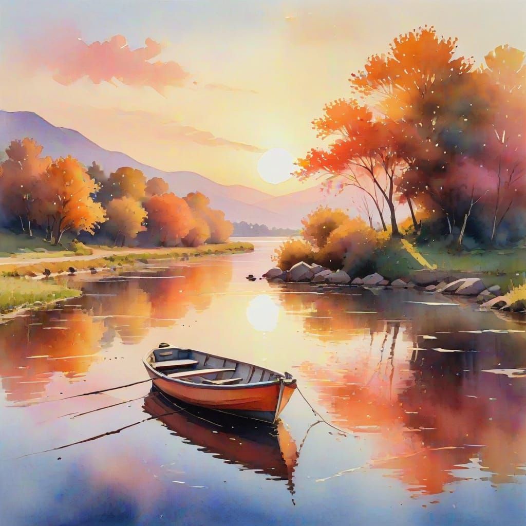 Impressionist River Landscape in Watercolor Style