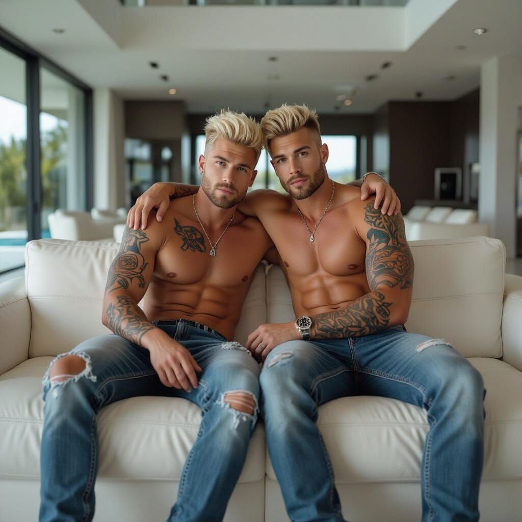 Muscular Blond Twins Embrace in Luxury Mansion