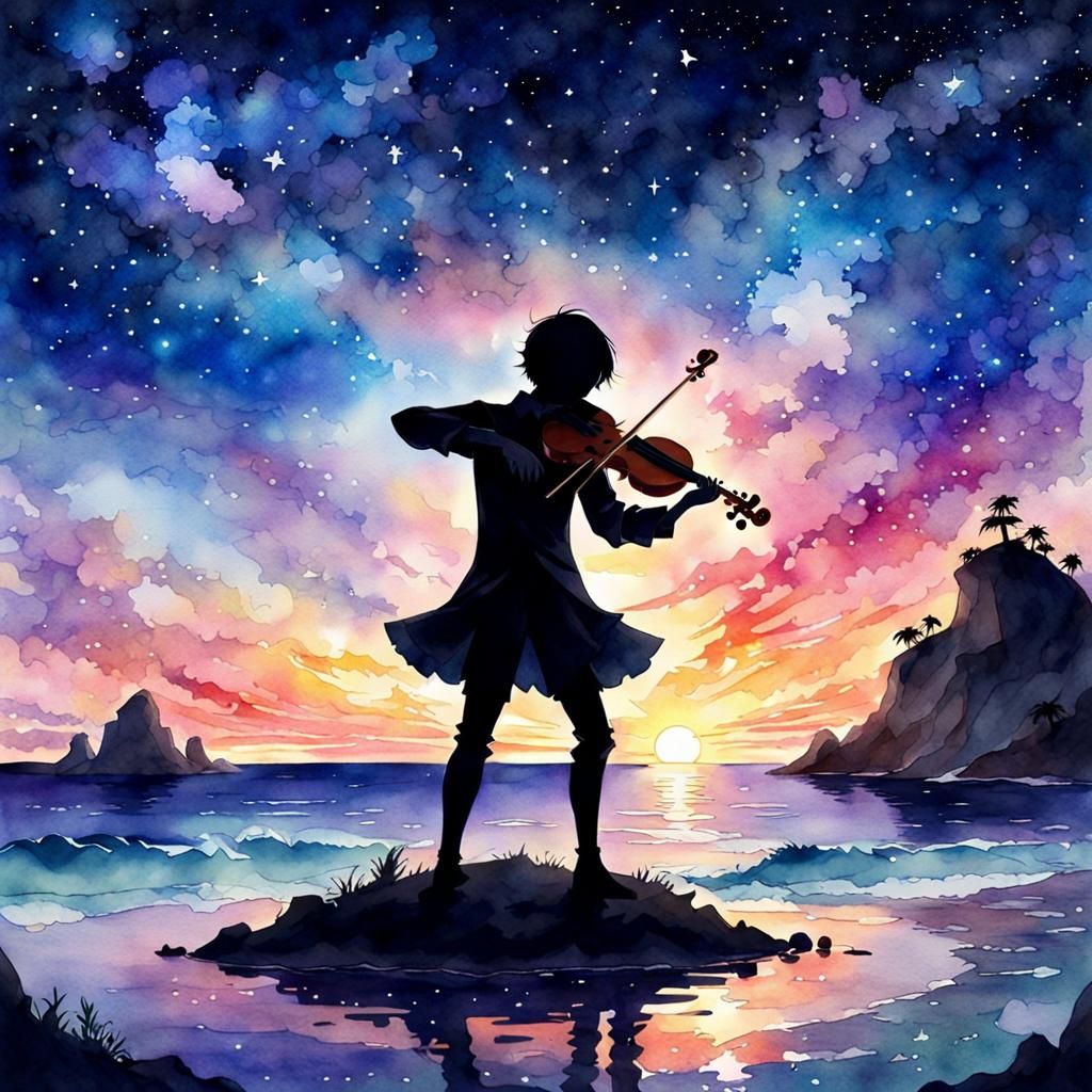 Anime Silhouette Violinist on Starry Ocean Watercolor