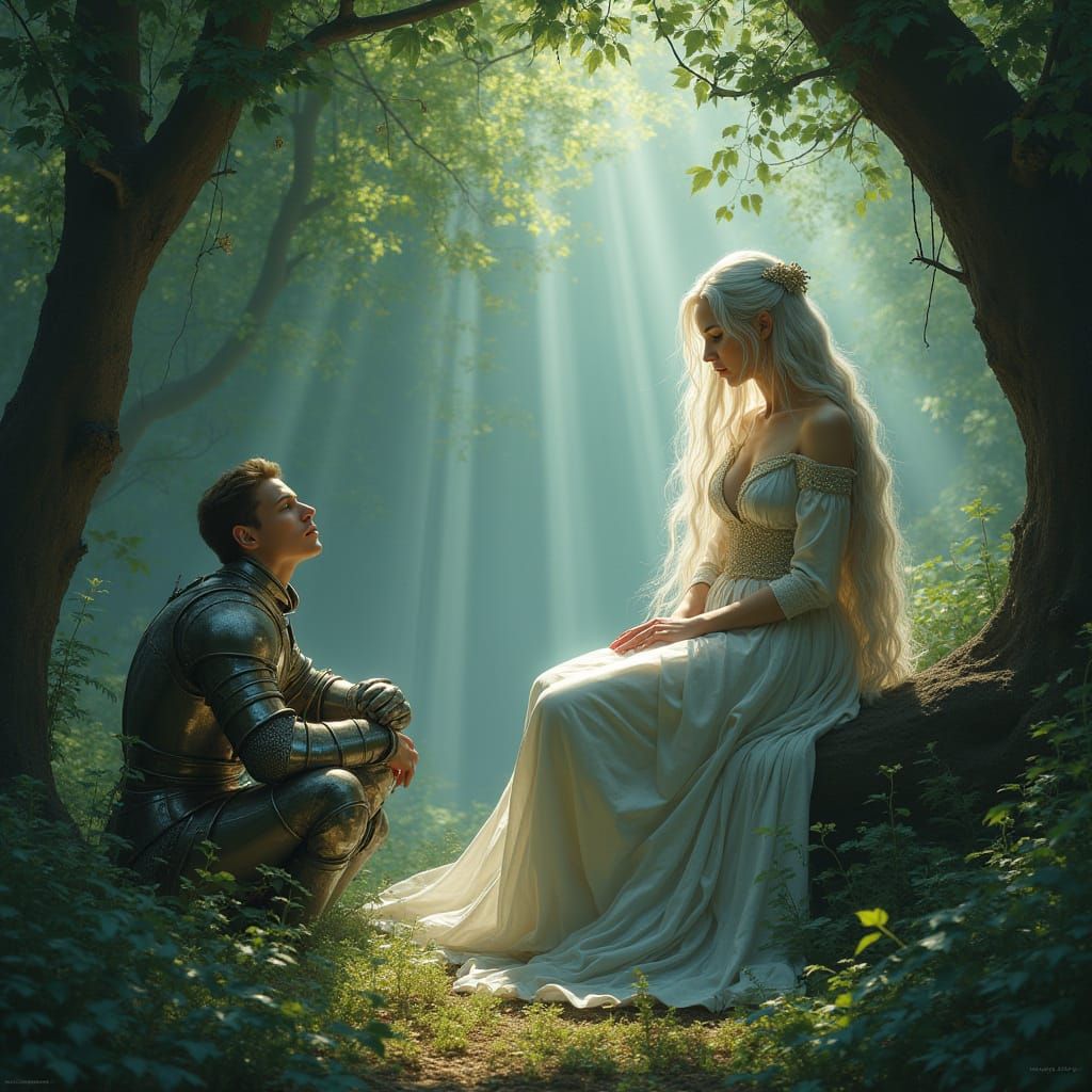 Regal Elven Queen in Medieval Knight's Reverence, in Pre-Rap...