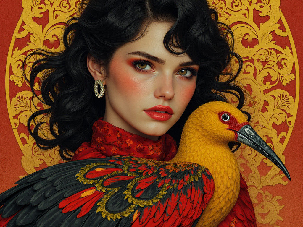 Woman with Ibis Portrait in Art Nouveau Style