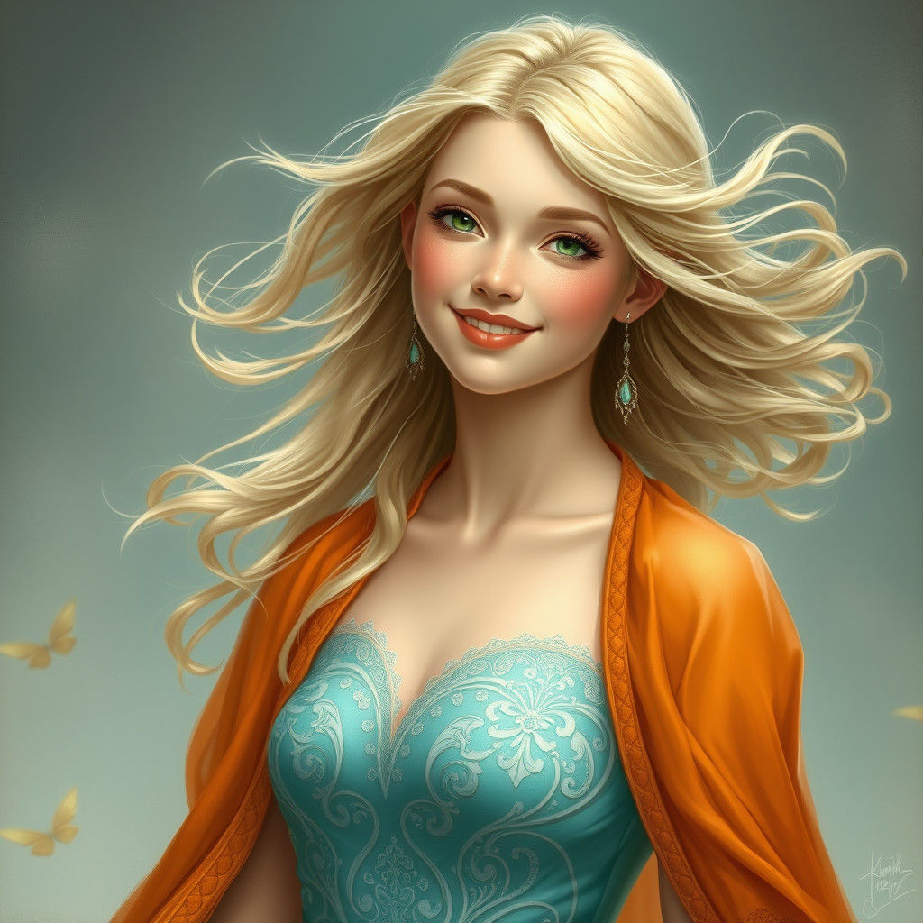 Ethereal Blonde Woman in Aqua Dress, Hyperdetailed Fantasy