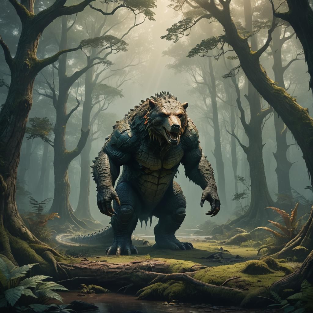 Crocodile-Bear Hybrid in Misty Forest Clearing