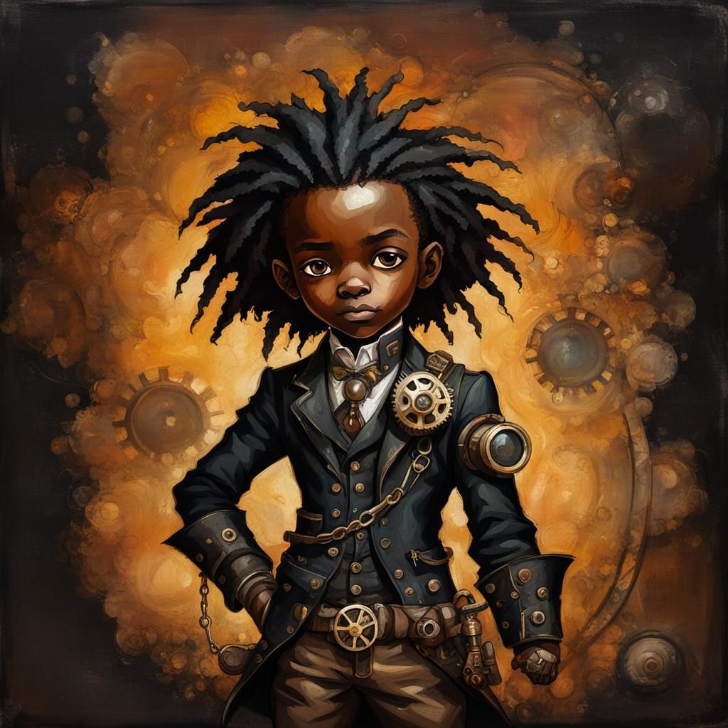Steampunk Black African Boy Portrait in Oil Painting Style
