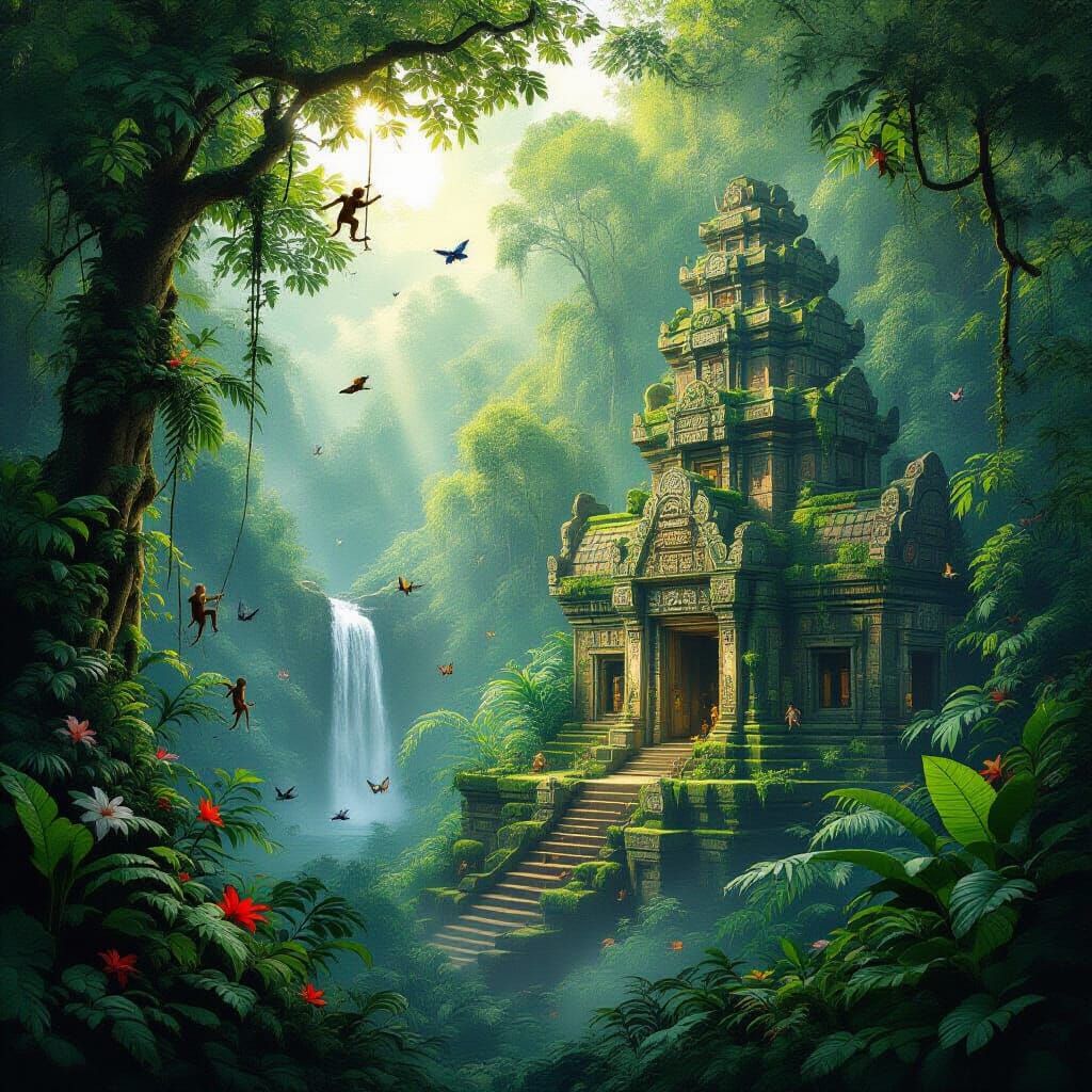 Lush Rainforest Temple in Naive Art Style