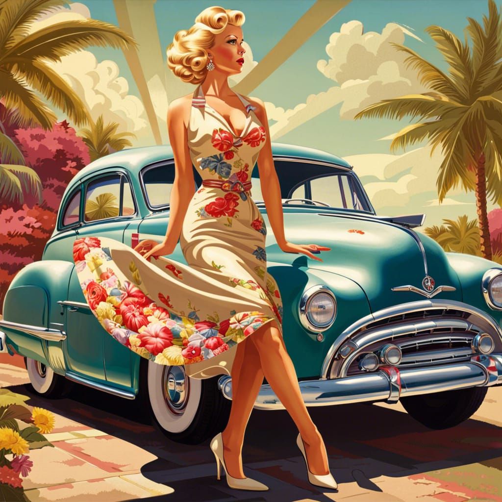 Blonde Pin-Up Girl with Classic Car
