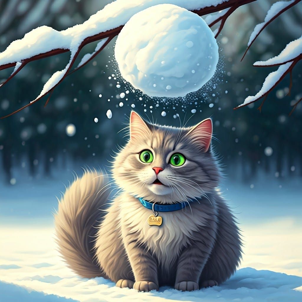 Fluffy Cat's Snowy Surprise: An Impressionistic Digital Pain...