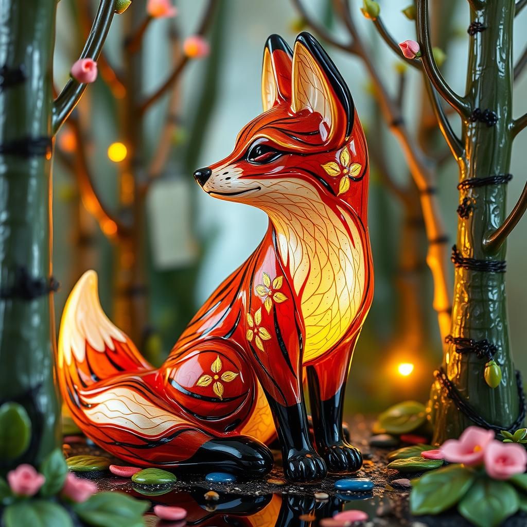 Enameled Glass Fox Figurine in Whimsical Forest