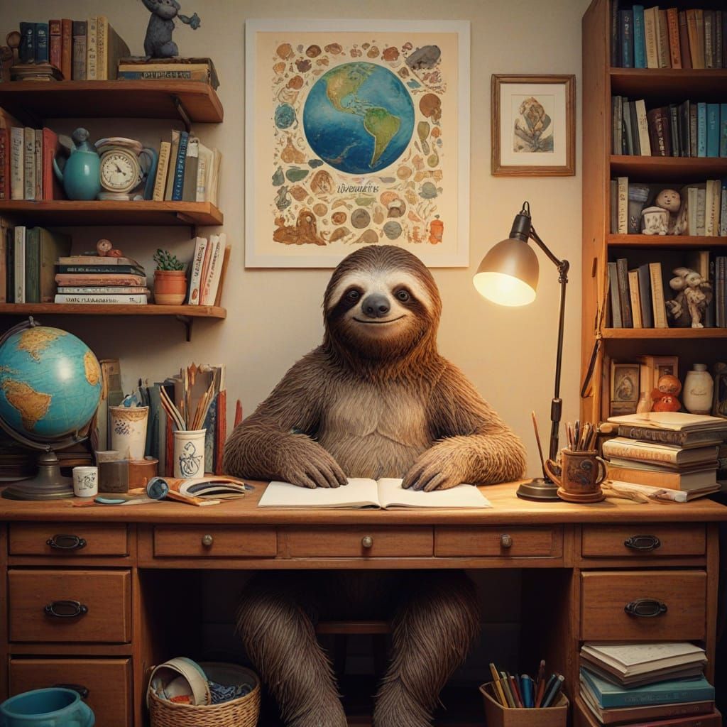 Surreal Sloth in Whimsical Workspace