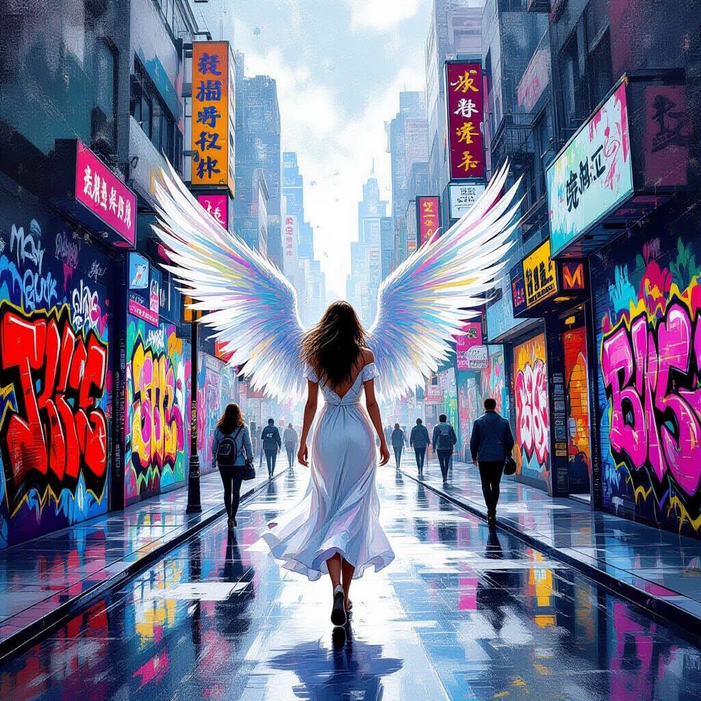 Ethereal Angel Amidst Vibrant Graffiti City Streets