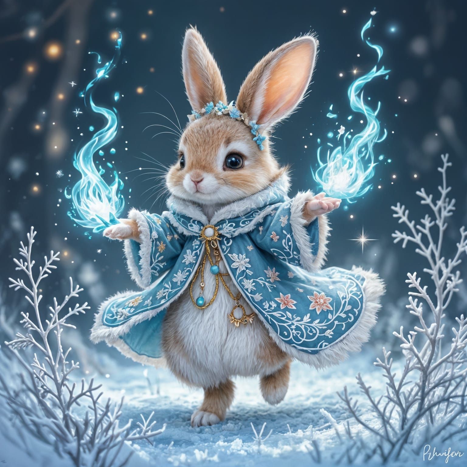Adorable Bunny with Blue Flames in Embroidered Cloak