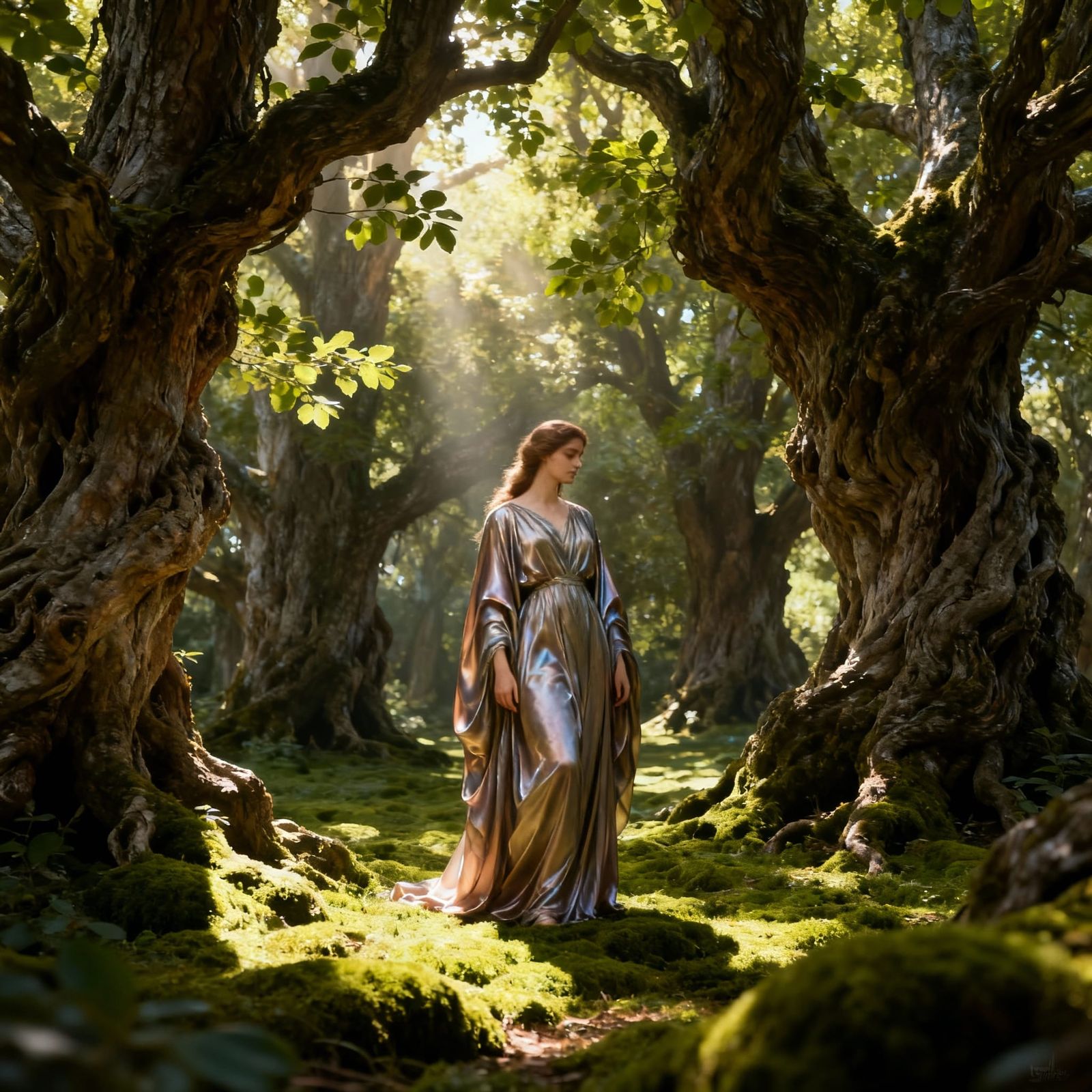 Serene Woman in Silken Robes in Ancient Grove