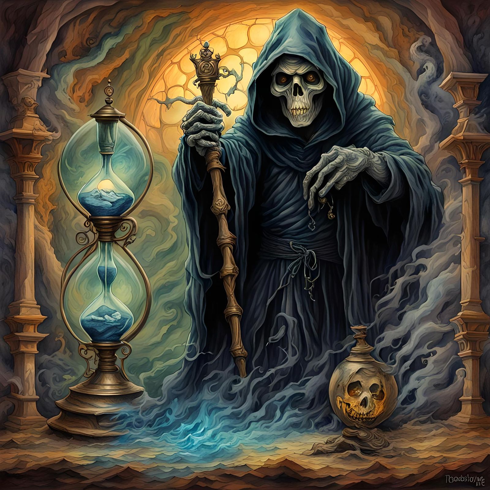 Grim Reaper with Hourglass in Watercolor Style
