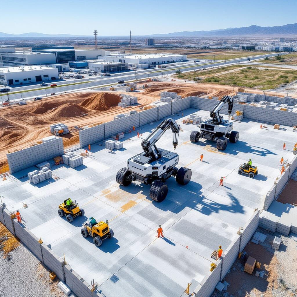 Drone View of Futuristic Levitating Robotic Construction Sit...