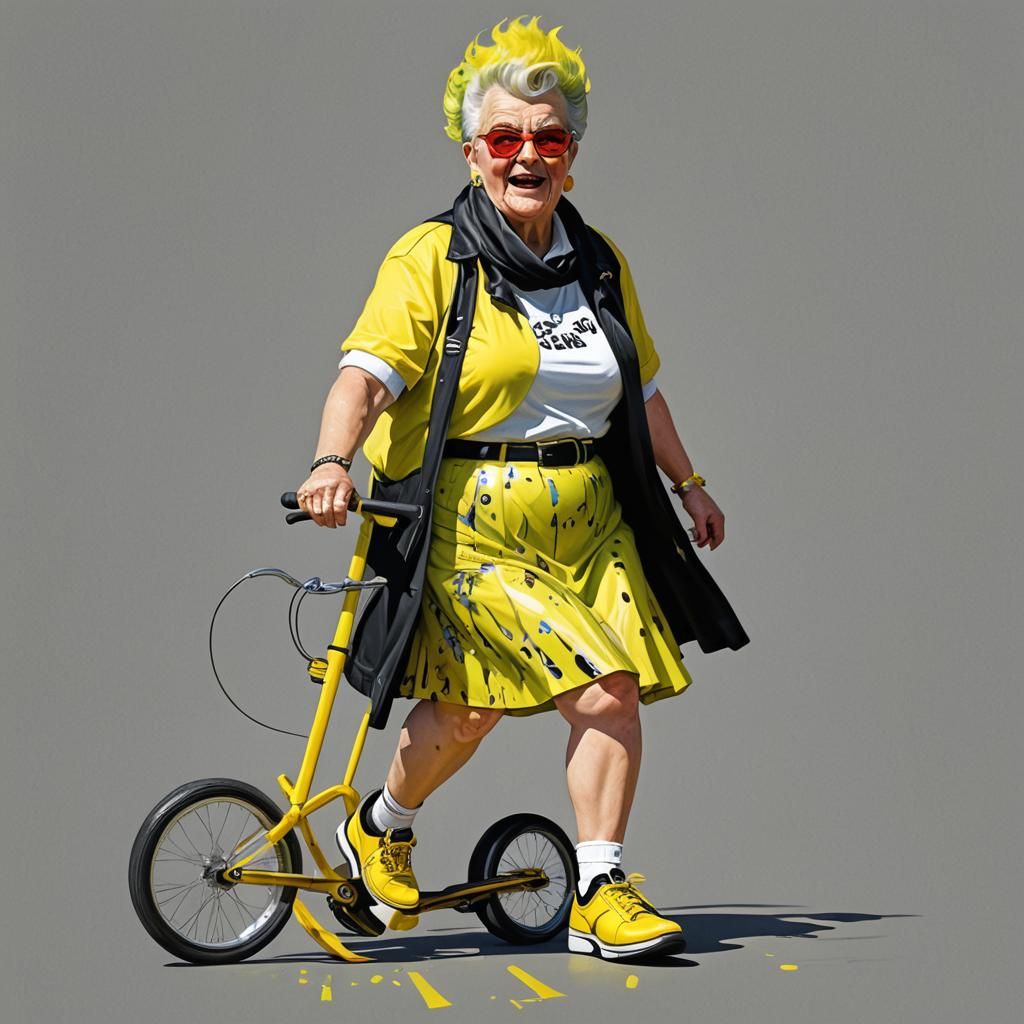 Hyperrealistic Granny Rocker with Fluorescent Mohawk