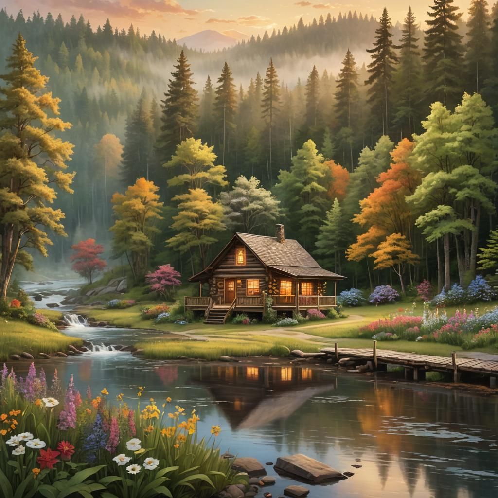 Enchanted Log Cabin in Misty Forest at Sunset
