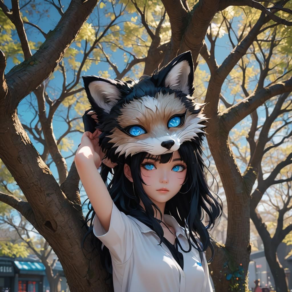 Anime Girl with Fox Mask in 3D Rendering