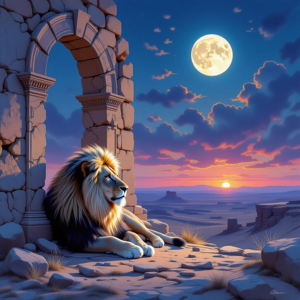 Lion in Desert Ruins at Twilight: Hyperrealistic Oil Paintin...