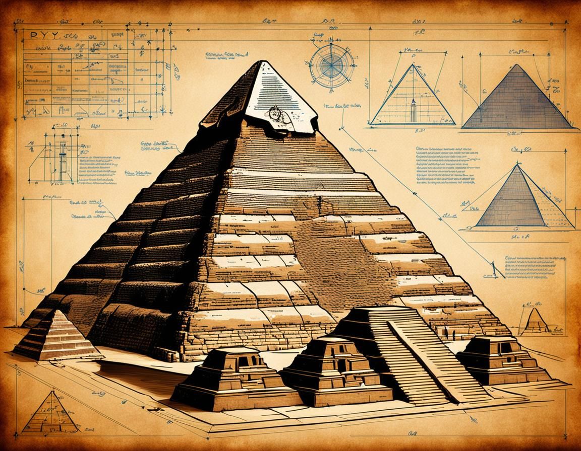 Detailed Blueprint of Giza Pyramids and Sphinx