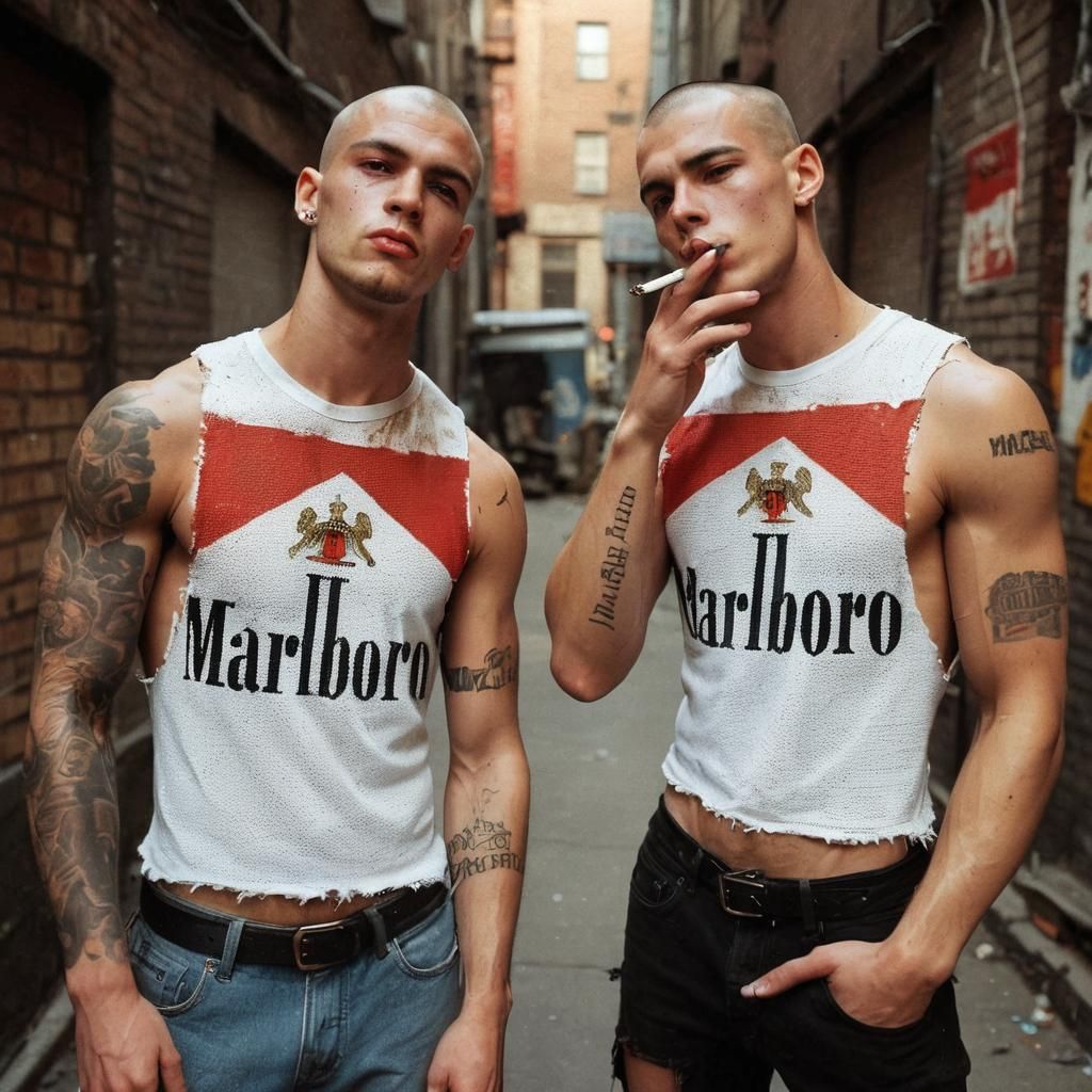 Shaved Head Men Smoking Cigarettes in Alley