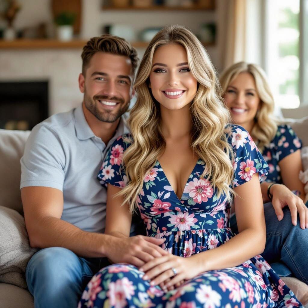 Embarrassed Young Man in Floral Dress on Laps