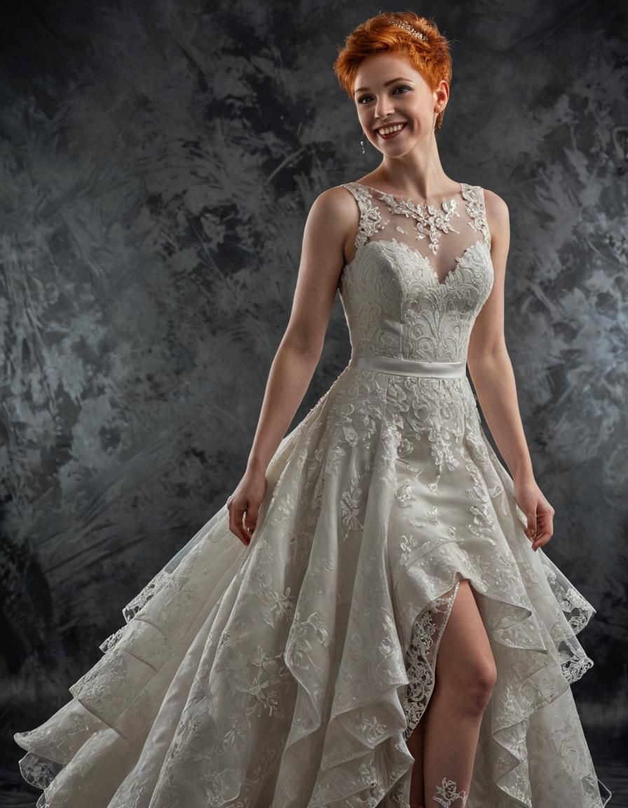 Glamorous Red-Haired Bride in Organza Lace, Photorealistic S...