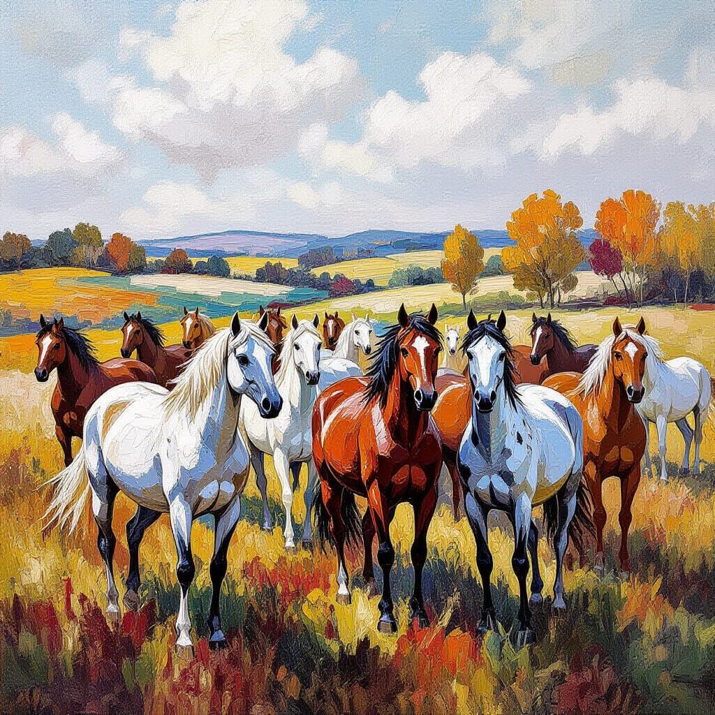 Spotted Horses in Vibrant Neo-Impressionist Style
