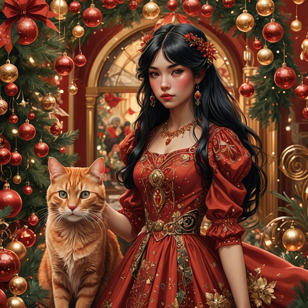 Red Cat and Jugendstil Girl in Christmas Scene