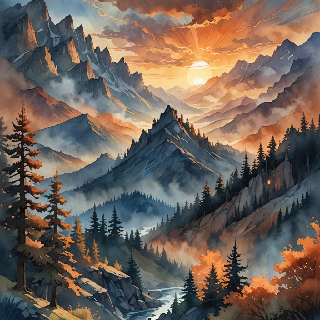 Summer Sunset Landscape in Digital Watercolor Style