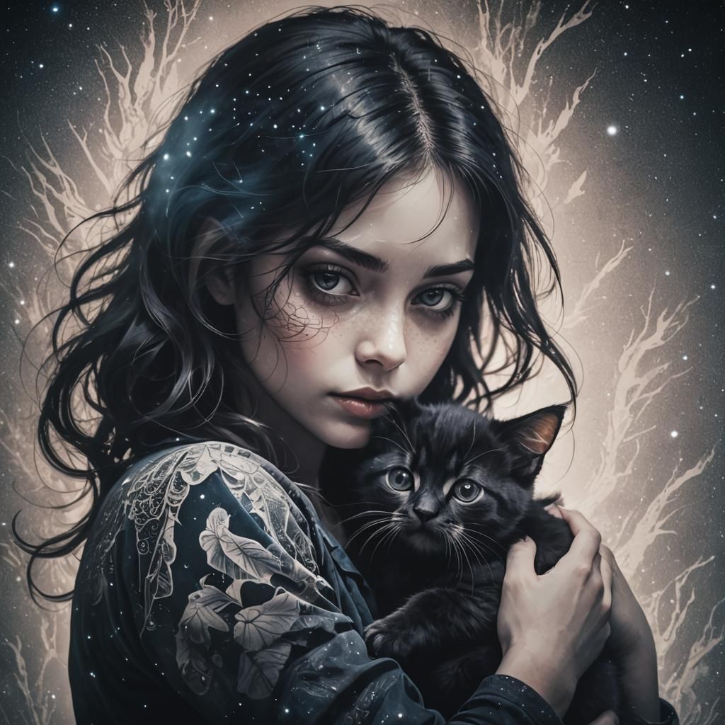 Dreamlike Double Exposure: Cosmic Kitten Silhouette