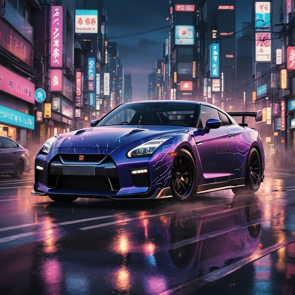 Nissan GTR R35 in Neon Tokyo Cyberpunk Style