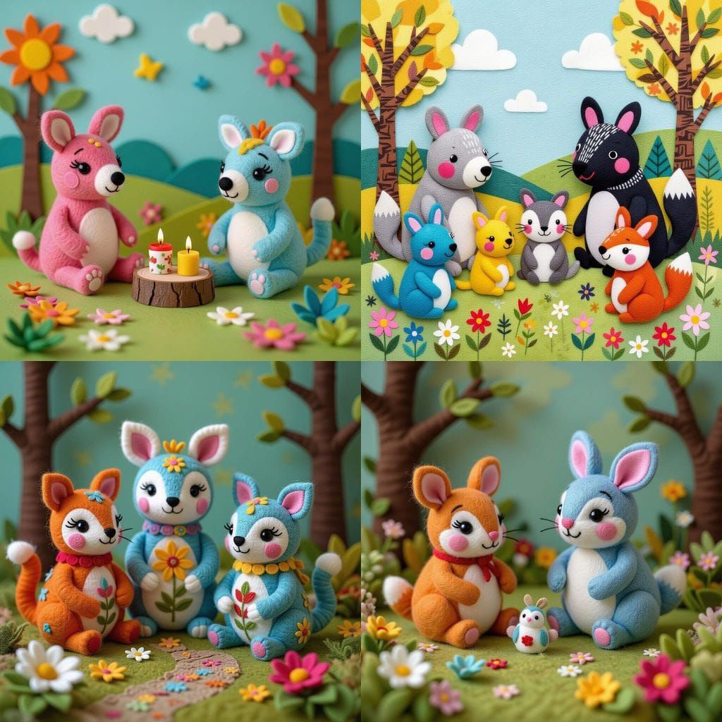 Colorful Felted Animals and Objects in a Layered Scene