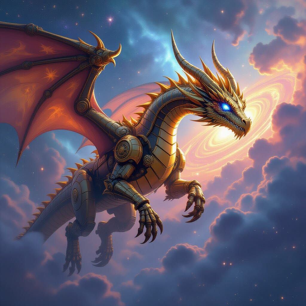 Robotic Dragon Soaring Through Nebula: Hyperrealistic Digita...