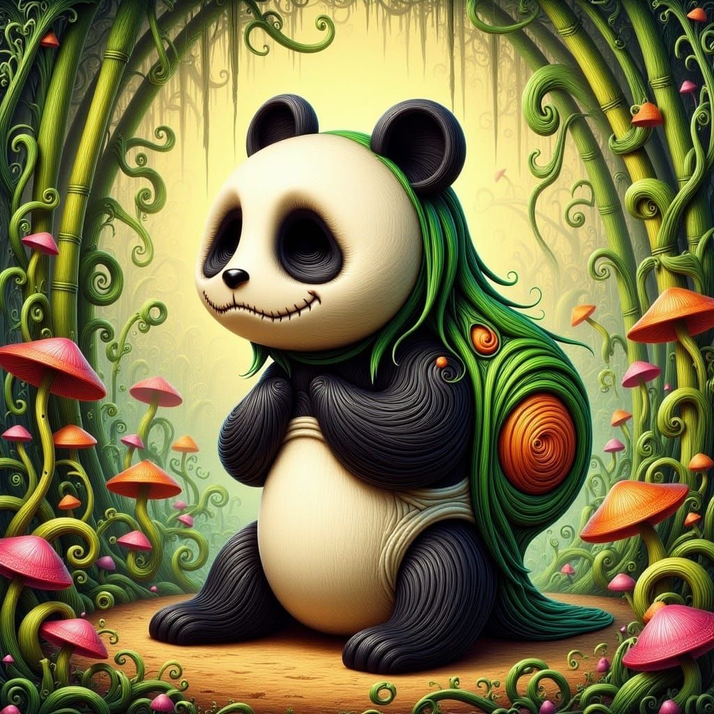 Panda in Bamboo Forest, Art Nouveau Style