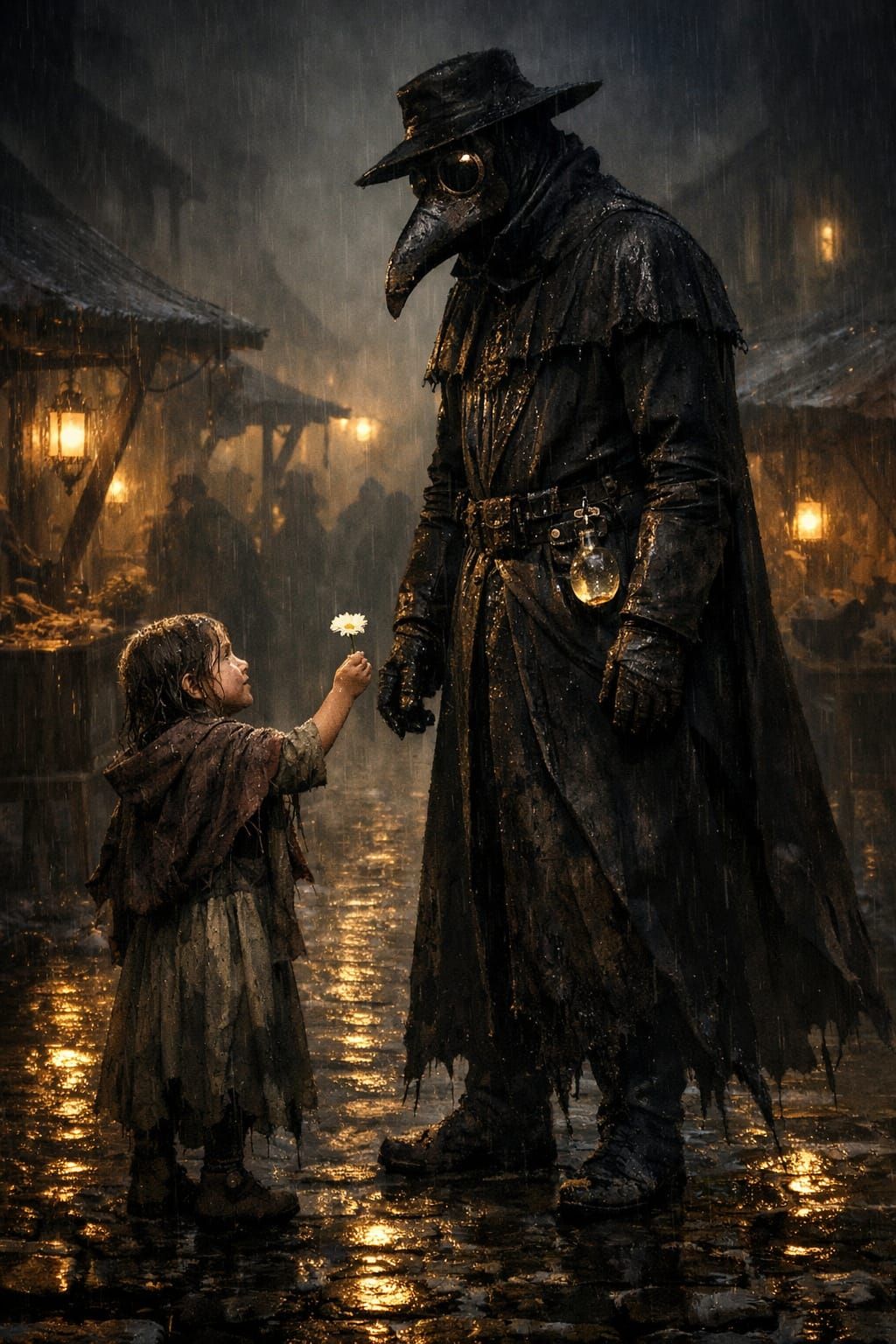 Plague Doctor Receives Flower in Gothic Marketplace