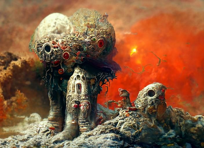 Surreal Volcano Spewing Guns in Gothic Horror Style