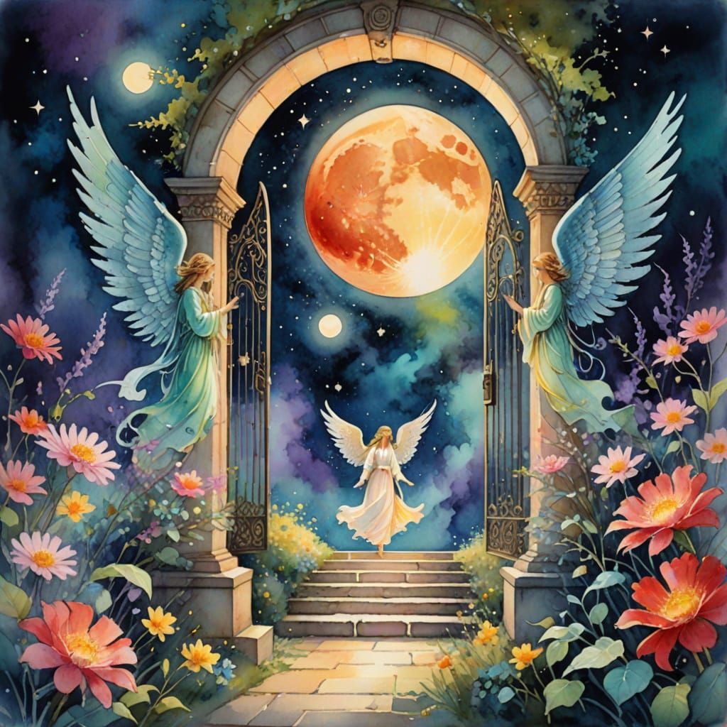 Angels Ascend Celestial Gate in Whimsical Watercolor