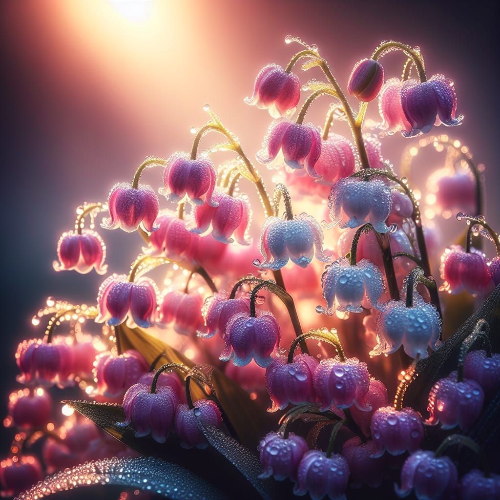Pink LILLIES OF THE VALLEY, heavy dew, morning light.