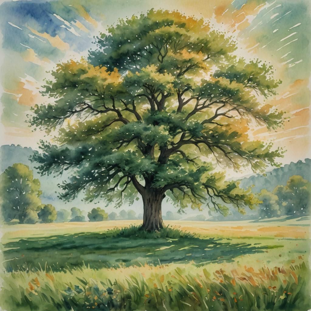 Majestic Tree in Meadow: Watercolor Impressionist Landscape