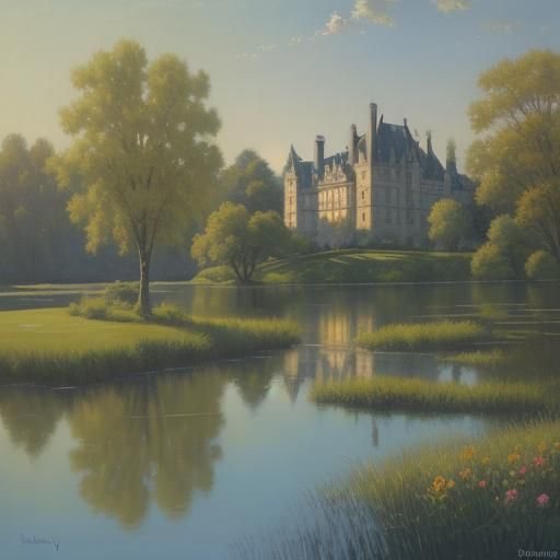 Idyllic Chateau Landscape in Soft Impressionist Style