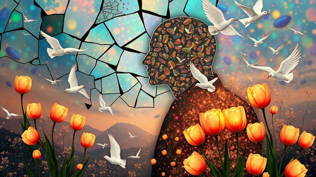 Opal Man and Tulips in Klimt-Inspired Style